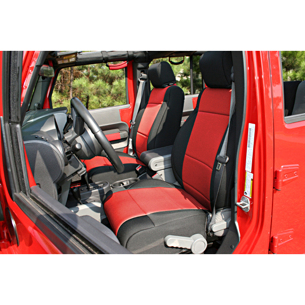 SEAT COVER FRONT BLACK / RED JK 07-08 WITH ABS FLAP