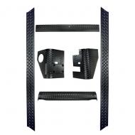 BODY ARMOR KIT, 6-PIECE, 97-06 WRANGLER (CAN BE USED WITH BUSHWACKER BRAND REAR FLARES)
Get that offroad look with Rugged Ridge Body Armor! Each Body Armor piece is constructed of black diamond plate looking UV treated thermoplastic for the coolest, toughest looking up-grade for your Jeep. Each body armor attaches thermoplastic for the coolest, toughest looking up-grade for your Jeep. Each body armor attaches to your Jeep with ultra strong 3M tape to ensure a secure fit (front guard also may require some under hood drilling). Have a scratch or dent on your paint? Cover it up with body armor! Simply fill in the scratched area with touch-up paint (to prevent rust) and install the Body Armor. You have now repaired and upgraded! Includes Front Frame Cover, Rocker Side Cover Pair, Rear Corner Guard  Pair, and Rear Tailgate Sill.               
Replaces: 11650.61
Made in CHINA
UPC: 804314117467
Label: KIT,BODY ARMOR TJ 6-PCS F9