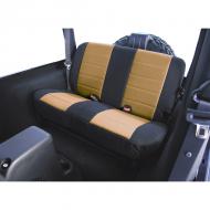 SEAT COVER, RUGGED RIDGE, FABRIC REAR, TAN, 03-06 WRANGLERCustom Fit UV treated Poly Cotton Seat Covers from Rugged Ridge. These covers are constructed of tough poly cotton fabric creating the best looking custom seat cover available. Rugged Ridge does not use that cheap stretch nylon on their seat covers! custom seat cover available. Rugged Ridge does not use that cheap stretch nylon on their seat covers! Poly Cotton is a great fabric to protect your seats from dirt, sweat and heat from the sun. No more burned legs from hot vinyl seats! Each cover is custom tailored for your Jeep's original equipment seat style making your seats look like they have been recently reupholstered. Installation is easy with special designed elastic cords, nylon straps and hooks that attach to your  seat and to the seat cover mounting points.               Replaces: 13282.04Made in CHINAUPC: 804314119638Label: COVER,SEAT RR 03-6 BLK/TAN